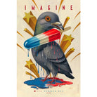 an image of a poster depicting a pigeon with a red white and blue popsicle in it's mouth and shooting yellow stars behind it. The top if the poster reads "Imagine" and the bottom of the poster reads "SVA Summer NYC. SVA.EDU". Poster designed and illustrated by Chris Buzelli