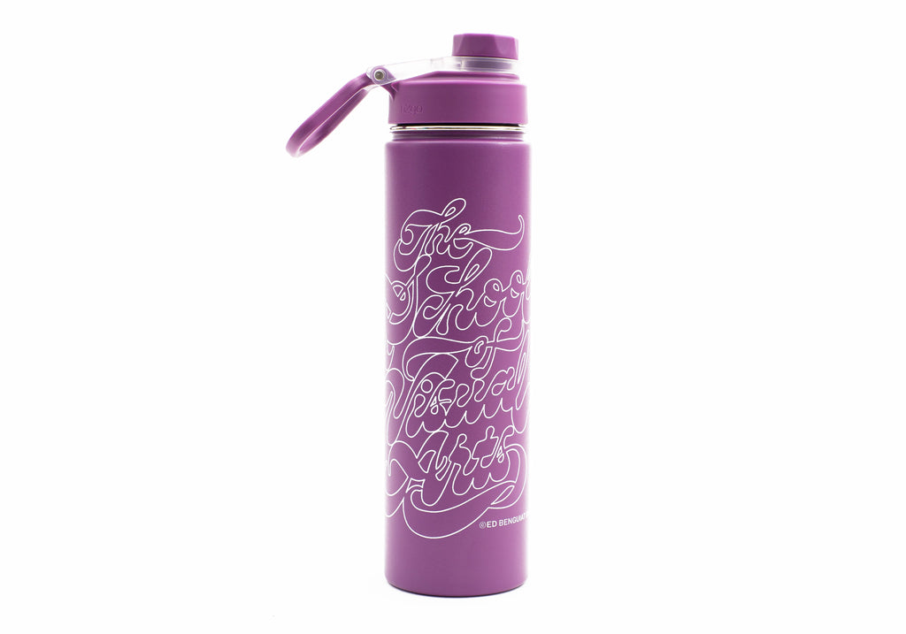 SVA Benguiat Script Logo h2go Conquer Water Bottle (Multiple Colors)