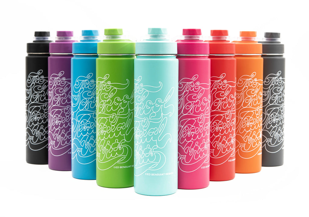 SVA Benguiat Script Logo h2go Conquer Water Bottle (Multiple Colors)