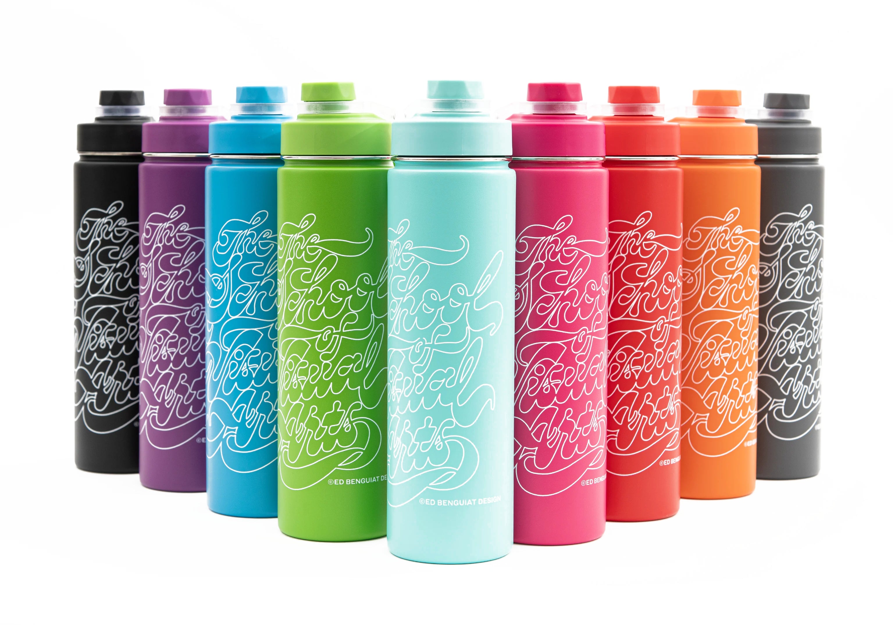 SVA Benguiat Script Logo h2go Conquer Water Bottle (Multiple Colors)